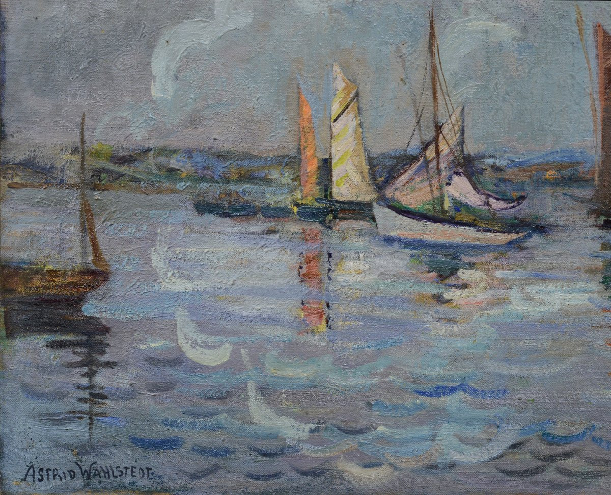 Early 20th C Antique Scandinavian Impressionist Seascape Oil Painting Sailboats-photo-3