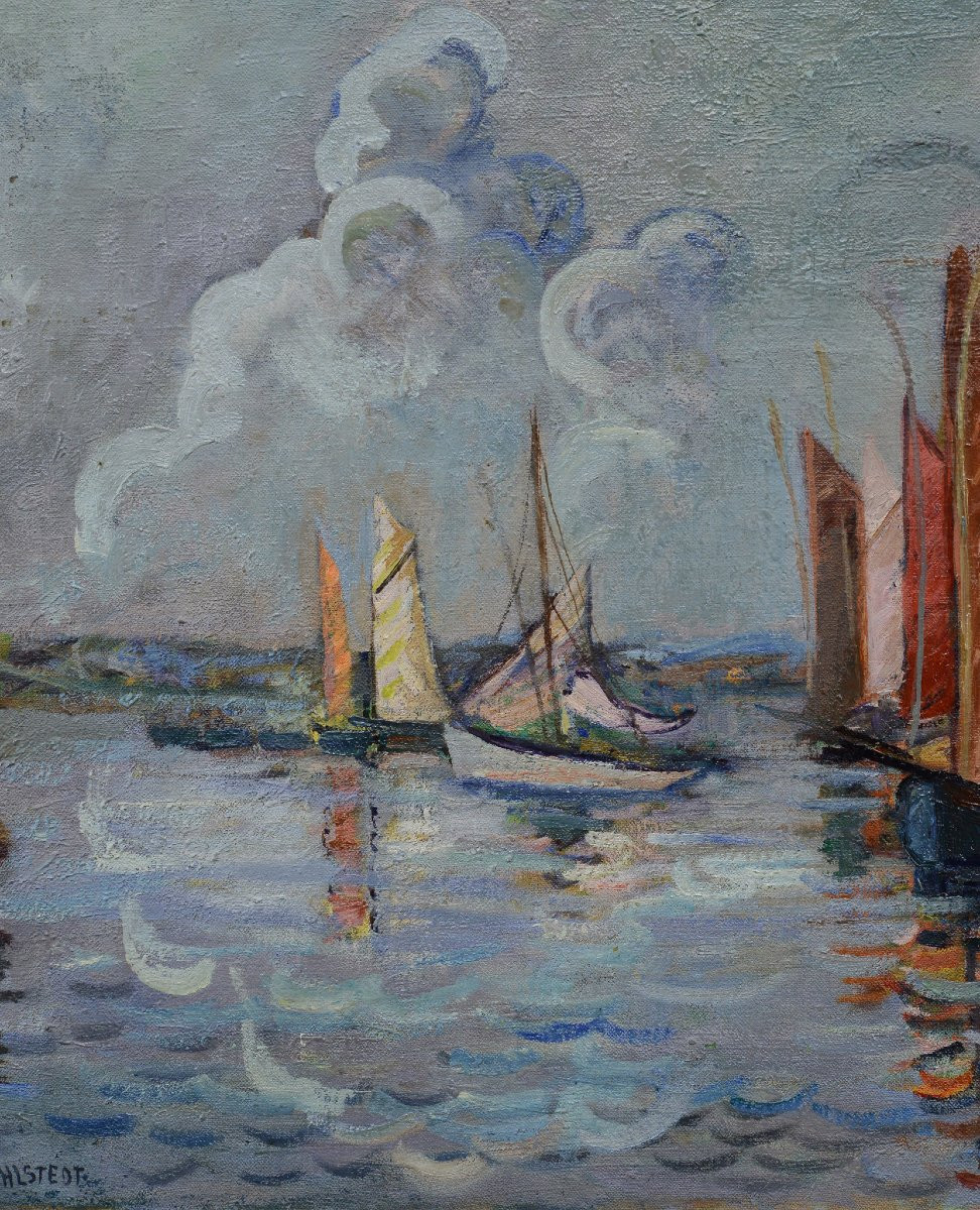 Early 20th C Antique Scandinavian Impressionist Seascape Oil Painting Sailboats-photo-4