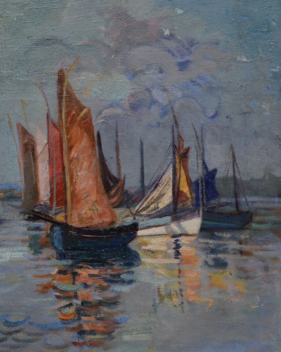 Early 20th C Antique Scandinavian Impressionist Seascape Oil Painting Sailboats-photo-1