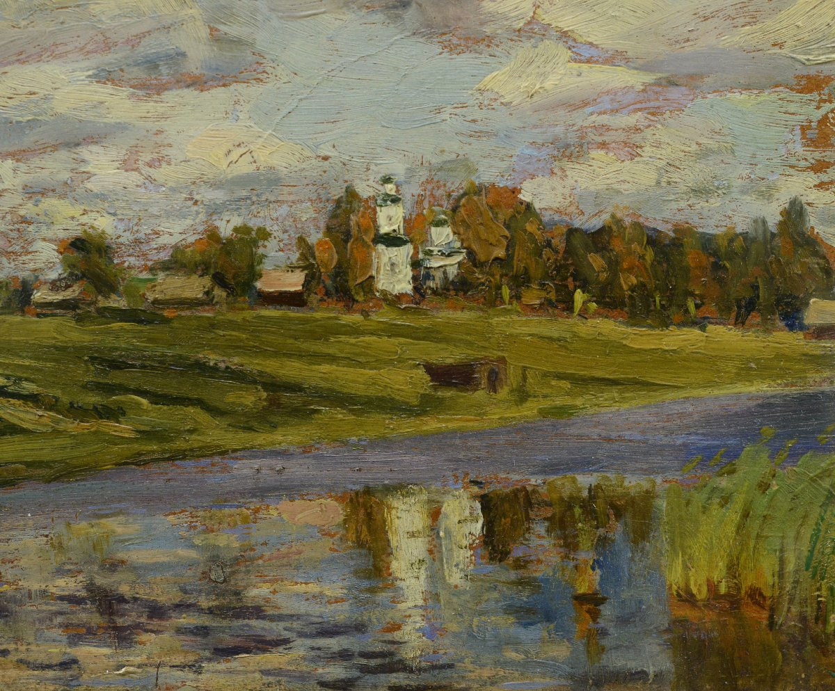 1944 Russian Classical Summer Landscape Oil Study Riverside Church Signed Framed-photo-1