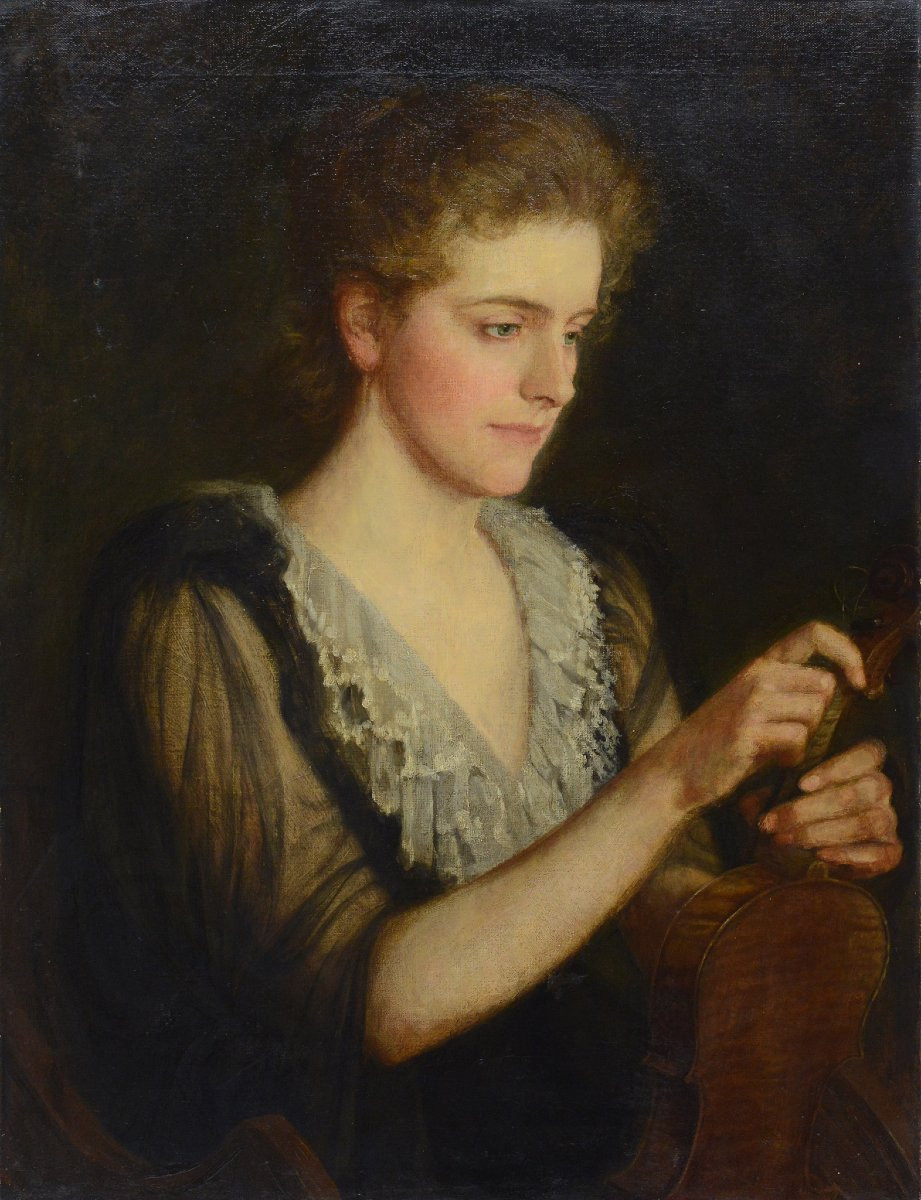 Late 19th Century Romantic Victorian Portrait Young Woman Violinist Oil Canvas-photo-2