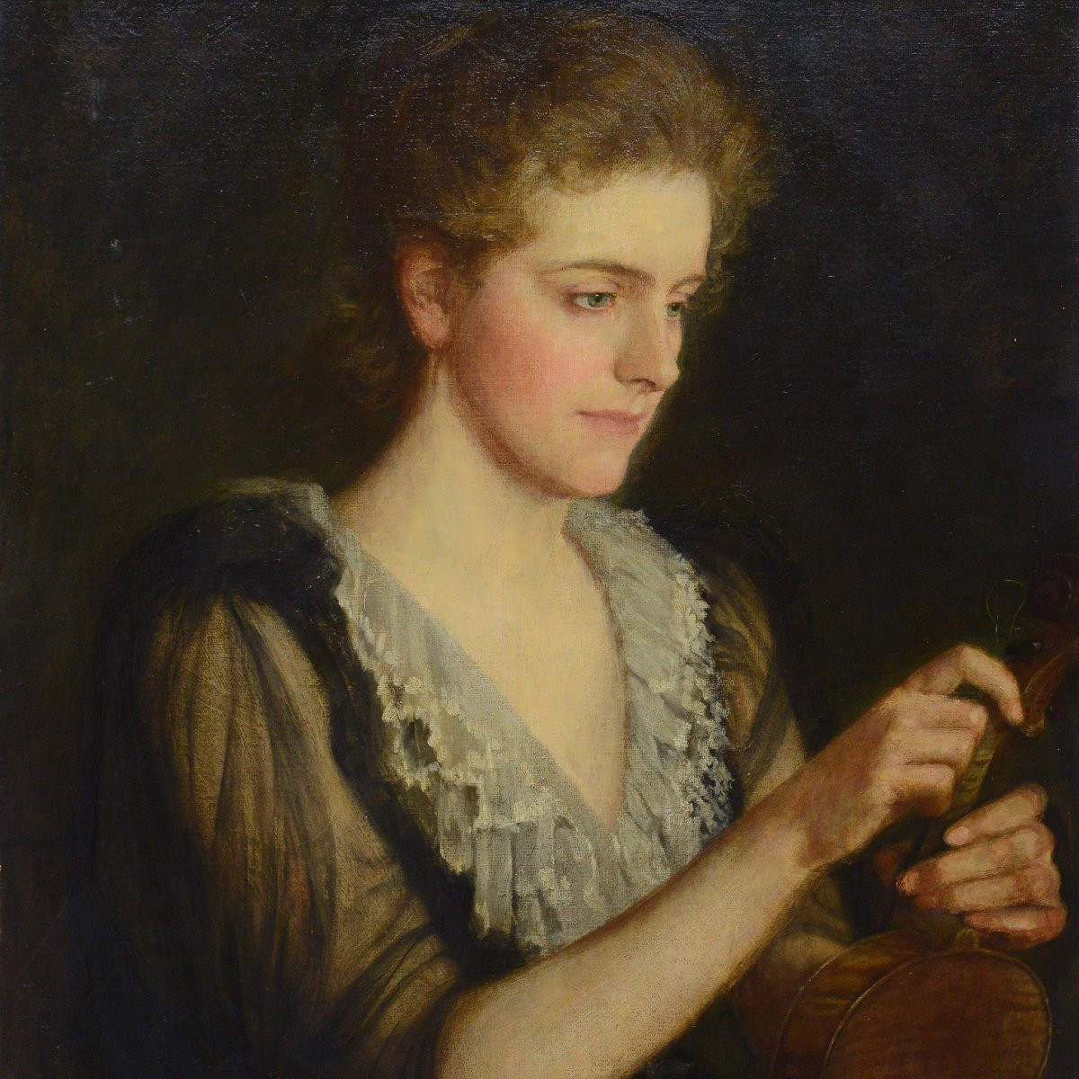 Late 19th Century Romantic Victorian Portrait Young Woman Violinist Oil Canvas-photo-3