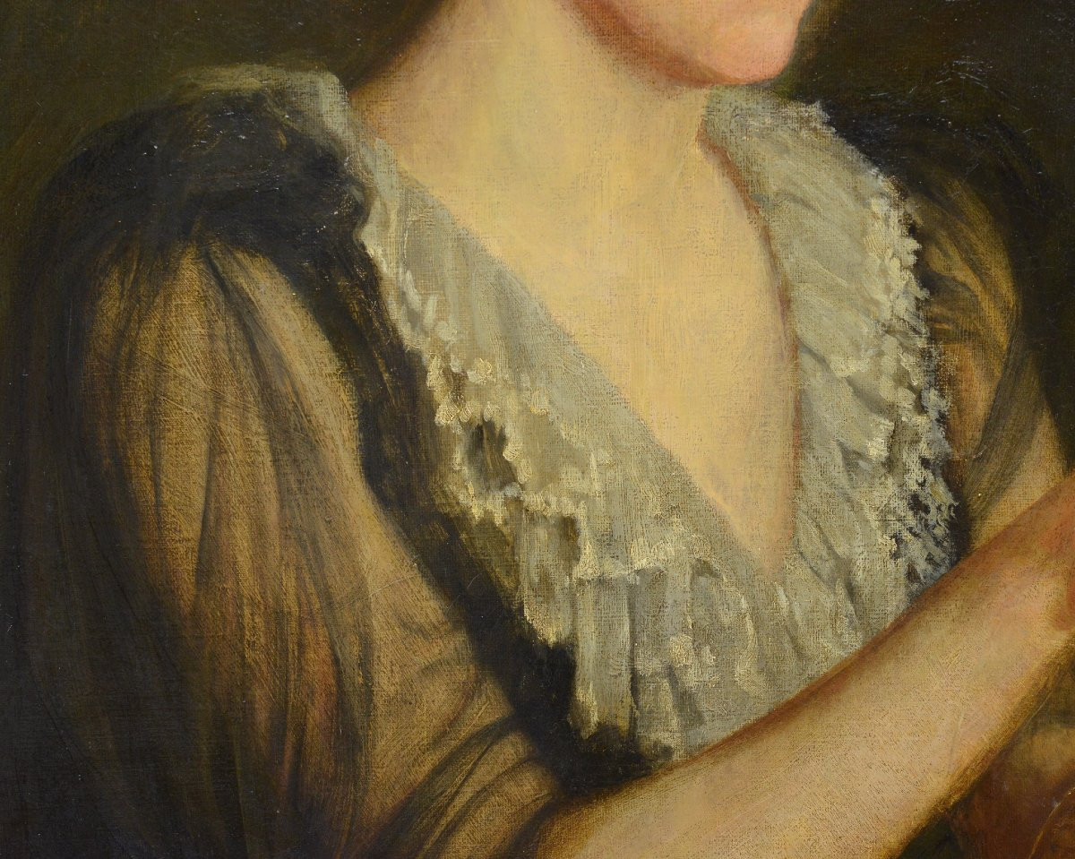 Late 19th Century Romantic Victorian Portrait Young Woman Violinist Oil Canvas-photo-1