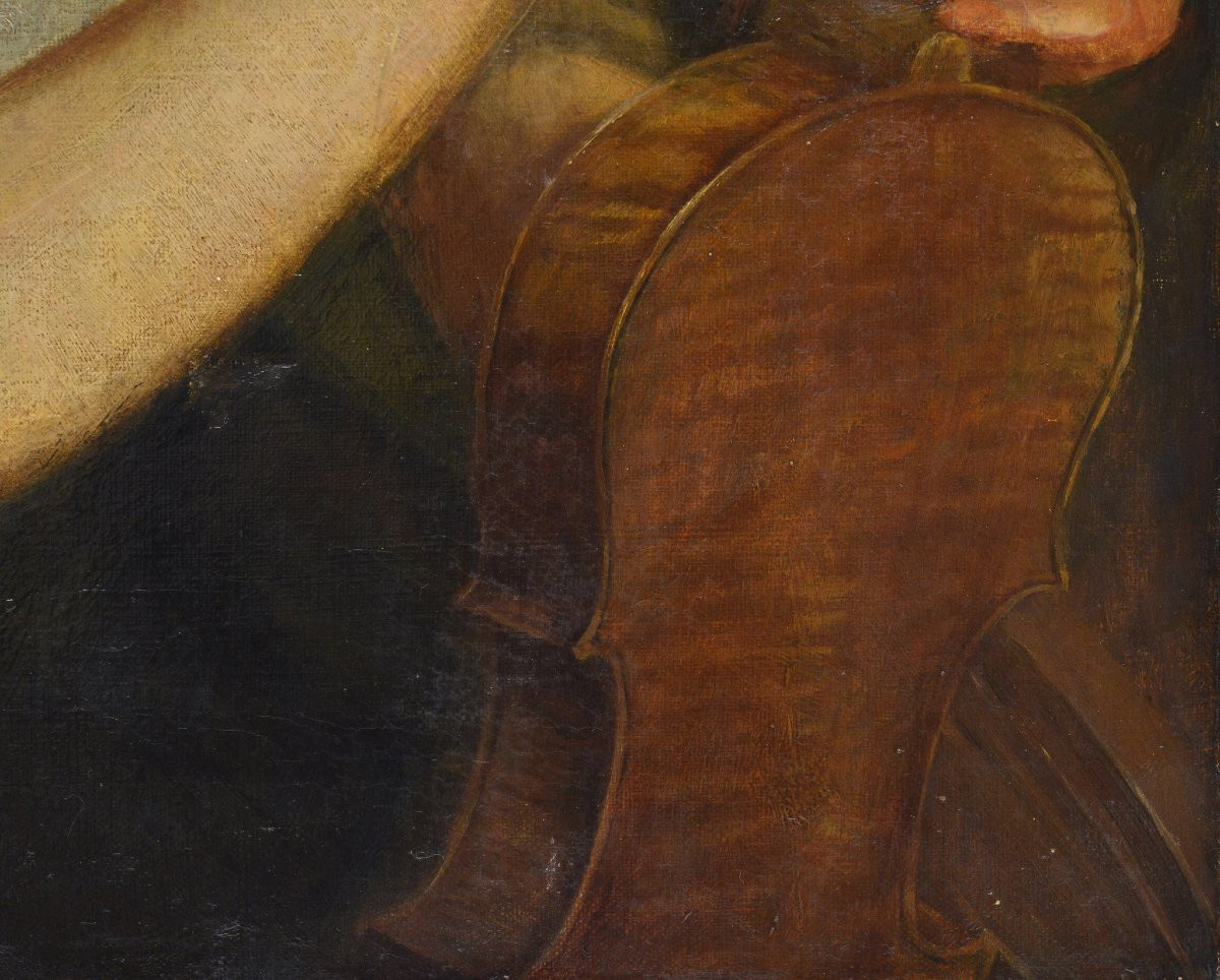 Late 19th Century Romantic Victorian Portrait Young Woman Violinist Oil Canvas-photo-3
