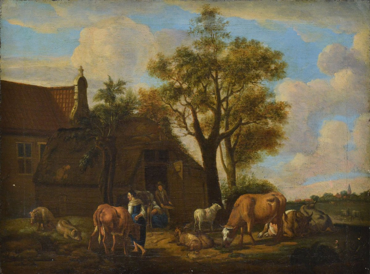 Original 17th Century Baroque Pastoral Farmyard Scene Old Master Oil Painting-photo-2