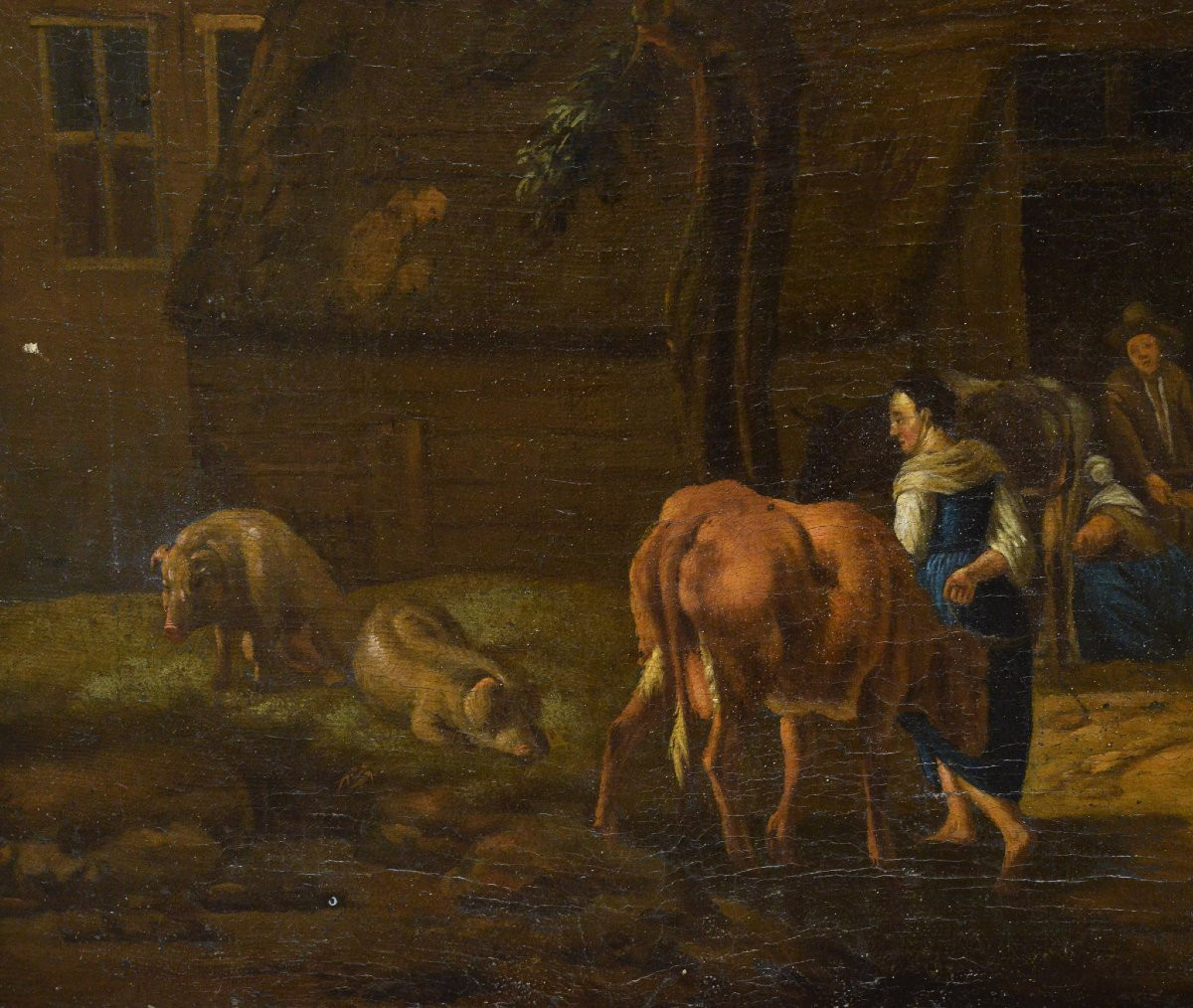 Original 17th Century Baroque Pastoral Farmyard Scene Old Master Oil Painting-photo-3