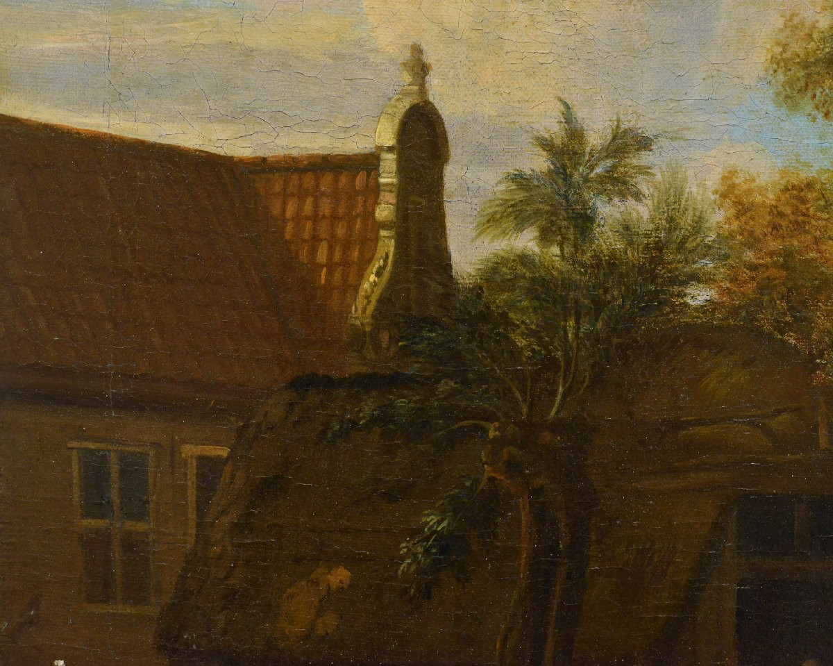 Original 17th Century Baroque Pastoral Farmyard Scene Old Master Oil Painting-photo-2