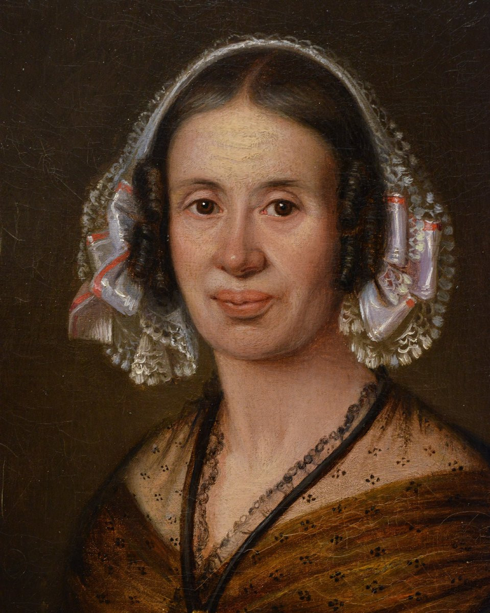 Original Milieu 19e Siecle Suedois Academique Huile Portrait Dame en Bonnet Encadre-photo-3