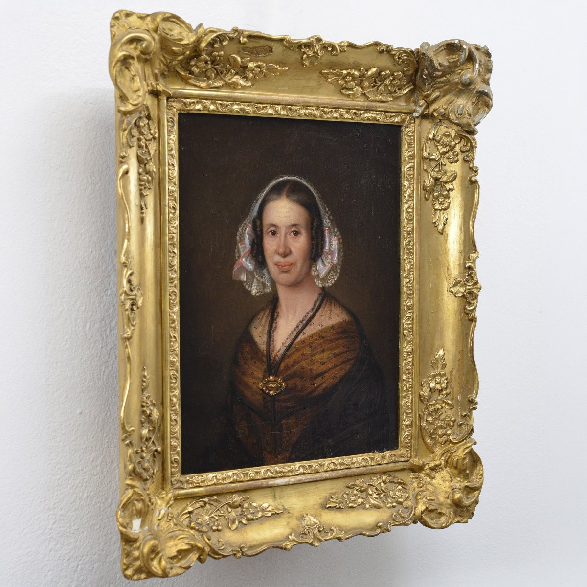 Original Milieu 19e Siecle Suedois Academique Huile Portrait Dame en Bonnet Encadre-photo-5