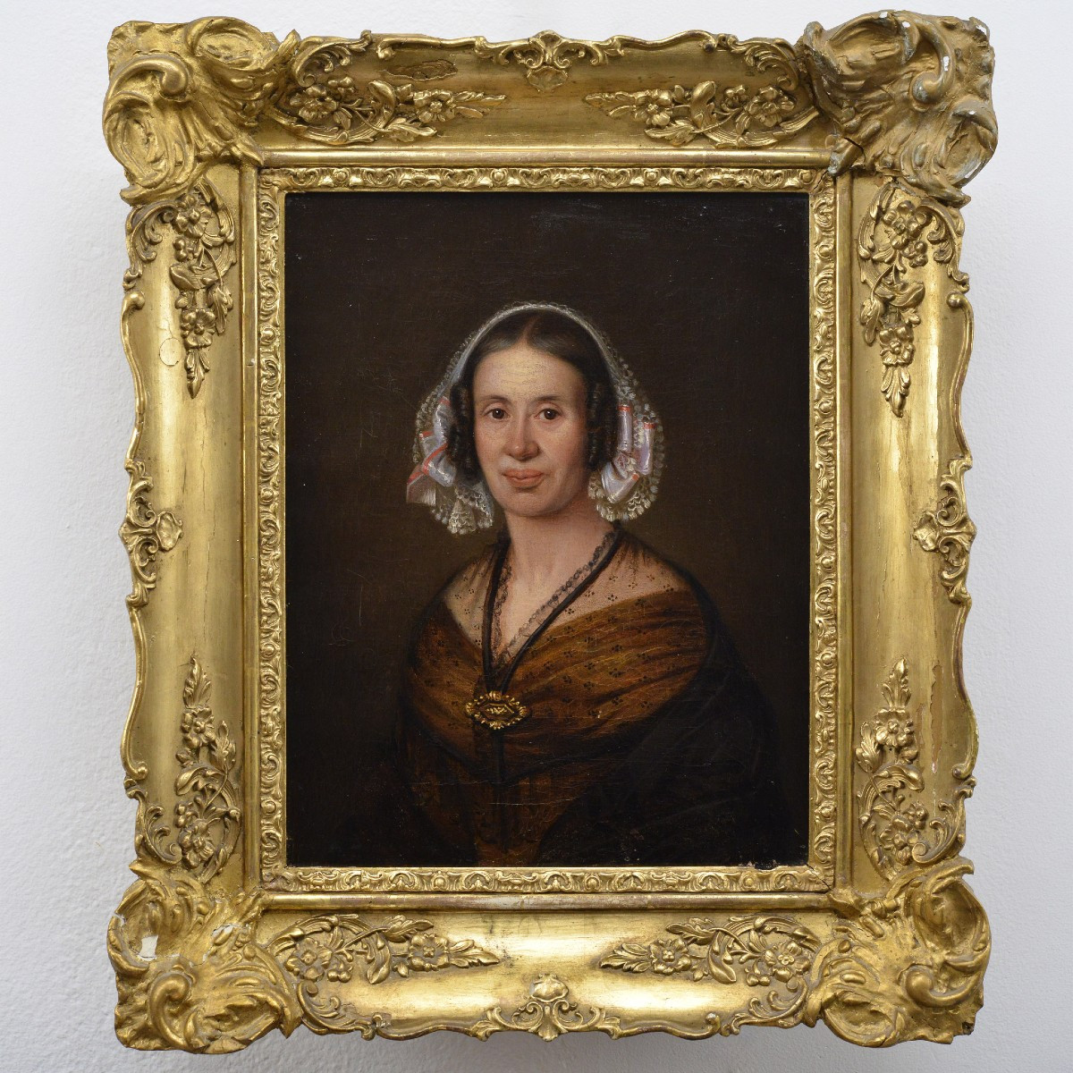 Original Milieu 19e Siecle Suedois Academique Huile Portrait Dame en Bonnet Encadre