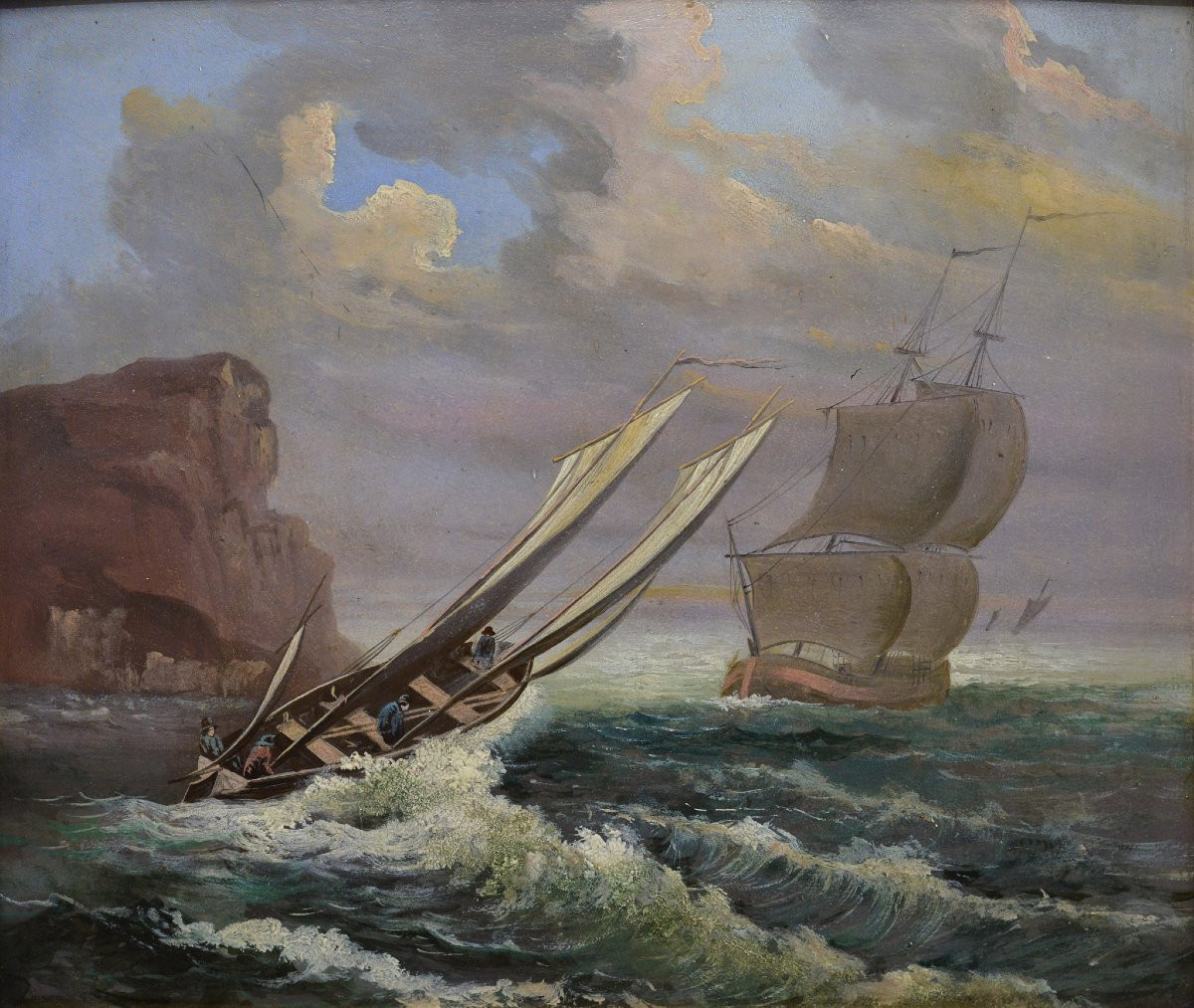 Antique Fin 19e Siecle Marine Romantique Voiliers Tempete Huile Panneau Encadre-photo-2