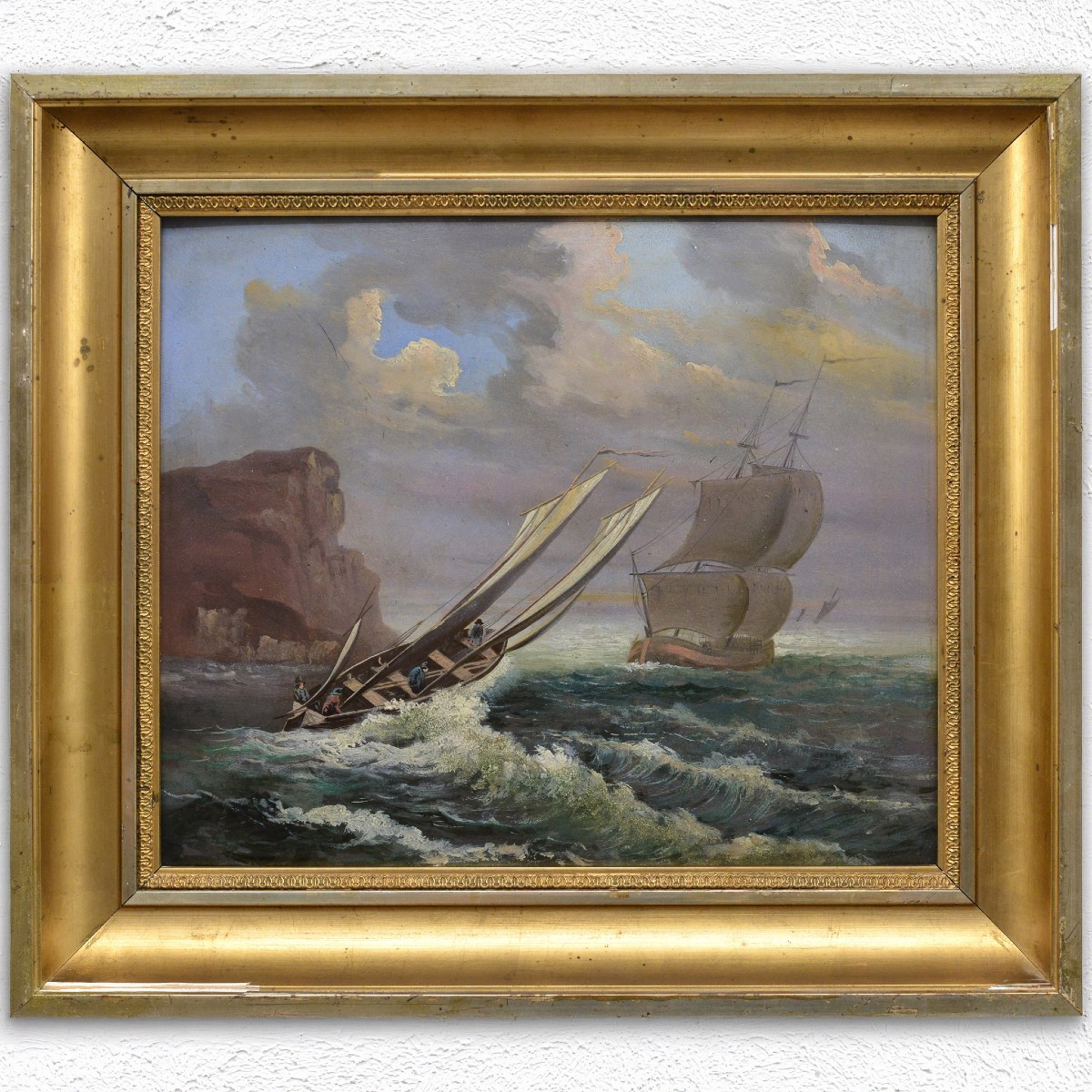 Antique Fin 19e Siecle Marine Romantique Voiliers Tempete Huile Panneau Encadre