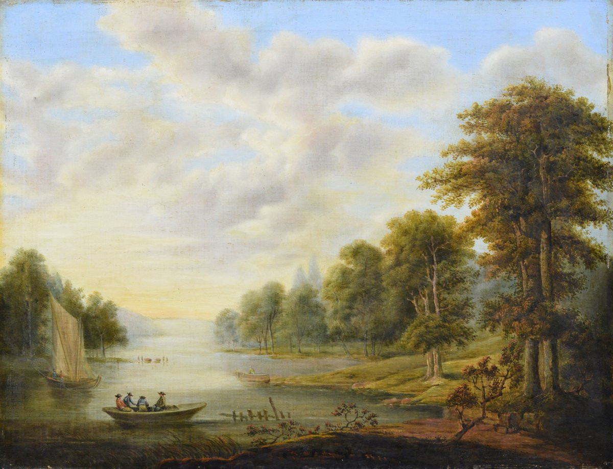 Original 19e Siecle Empire Paysage Romantique de Riviere Bateaux Huile sur Toile-photo-2