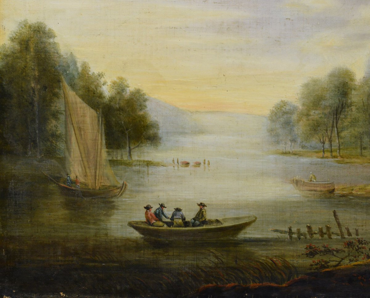 Original 19e Siecle Empire Paysage Romantique de Riviere Bateaux Huile sur Toile-photo-3