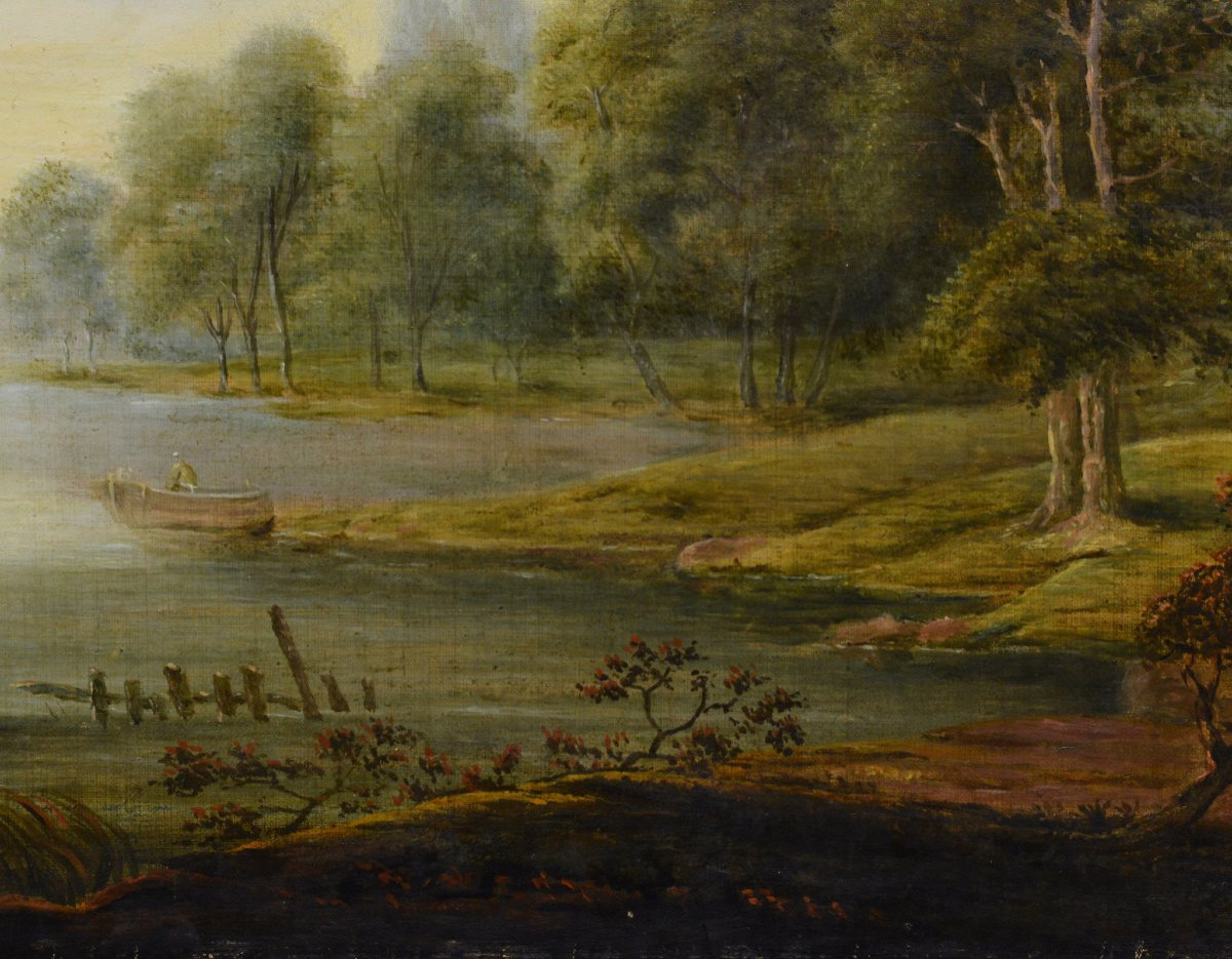 Original 19e Siecle Empire Paysage Romantique de Riviere Bateaux Huile sur Toile-photo-4