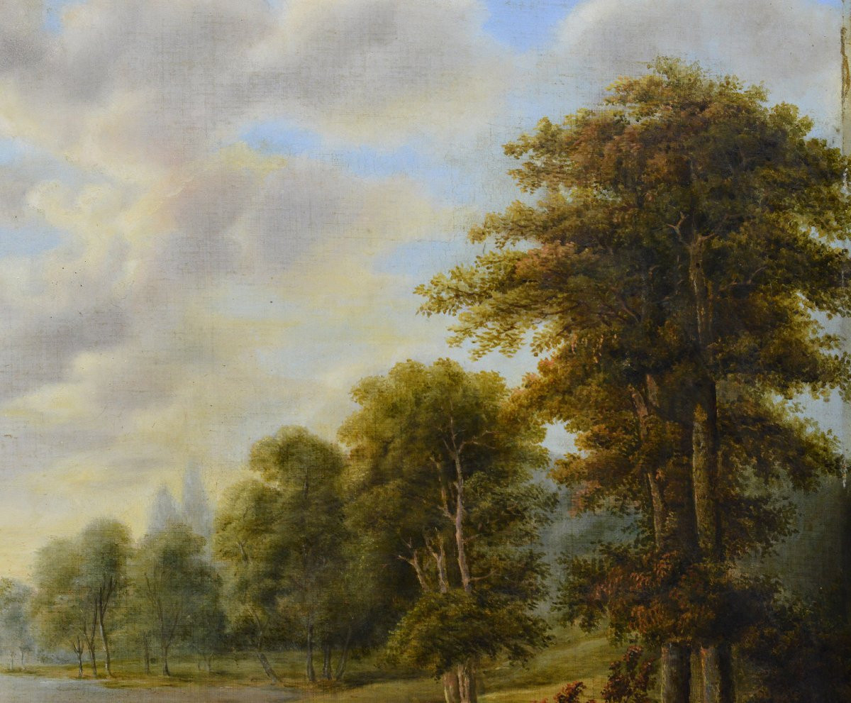 Original 19e Siecle Empire Paysage Romantique de Riviere Bateaux Huile sur Toile-photo-1