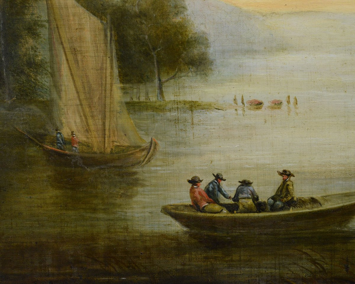 Original 19e Siecle Empire Paysage Romantique de Riviere Bateaux Huile sur Toile-photo-3