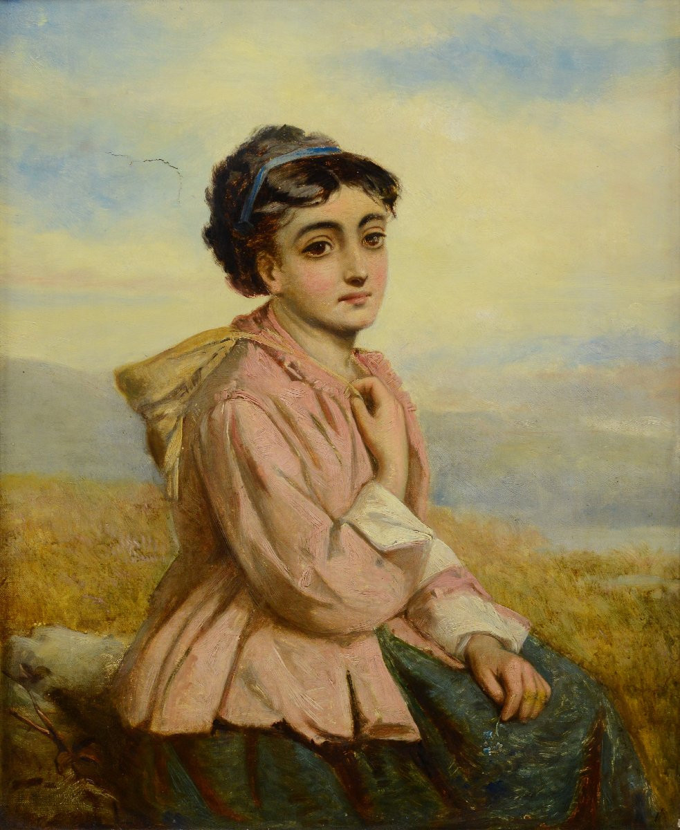 19th Century British Victorian Romantic Young Woman Portrait Oil Canvas Framed-photo-2