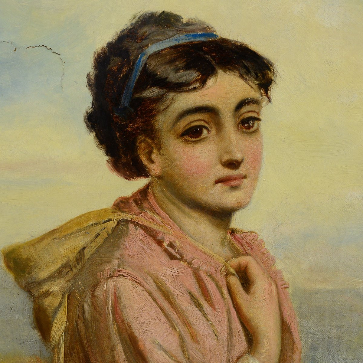 19th Century British Victorian Romantic Young Woman Portrait Oil Canvas Framed-photo-3