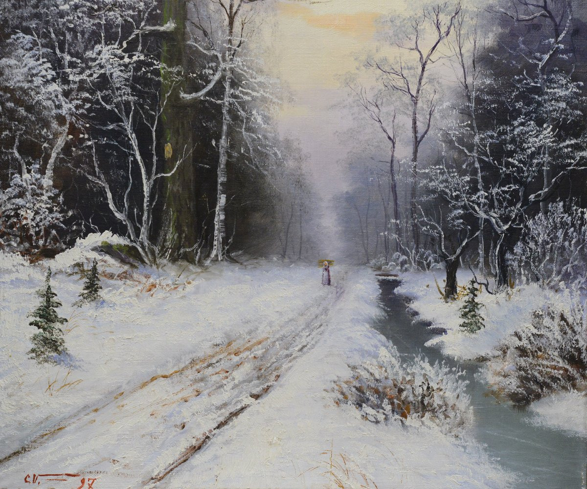 1897 Ancien Paysage Hivernal Europeen Route Forestiere Huile Toile Signe Encadre-photo-3