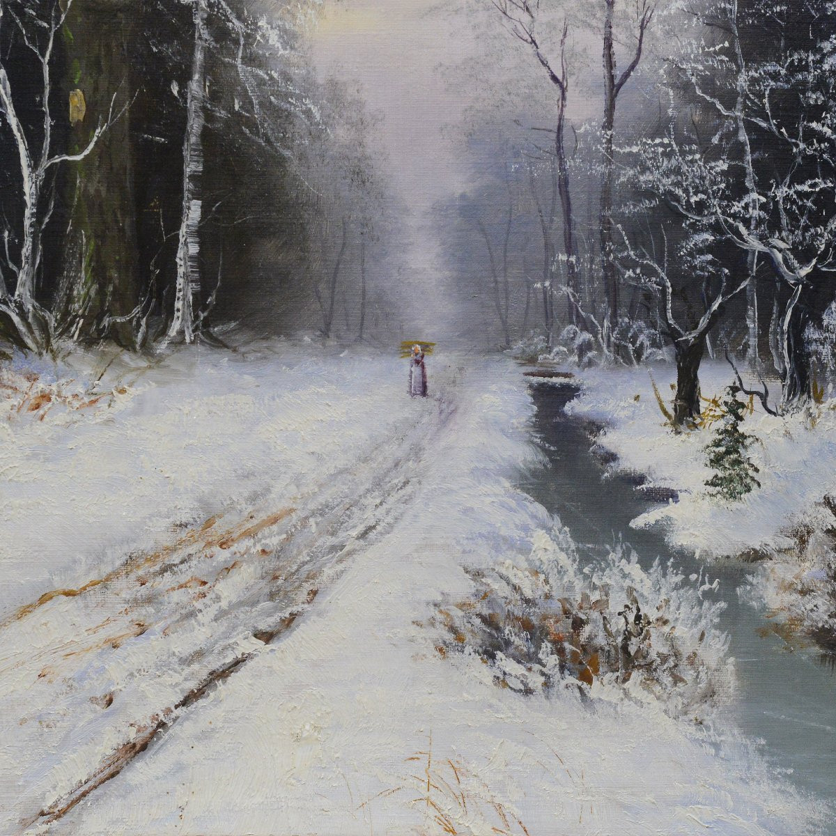 1897 Ancien Paysage Hivernal Europeen Route Forestiere Huile Toile Signe Encadre-photo-4