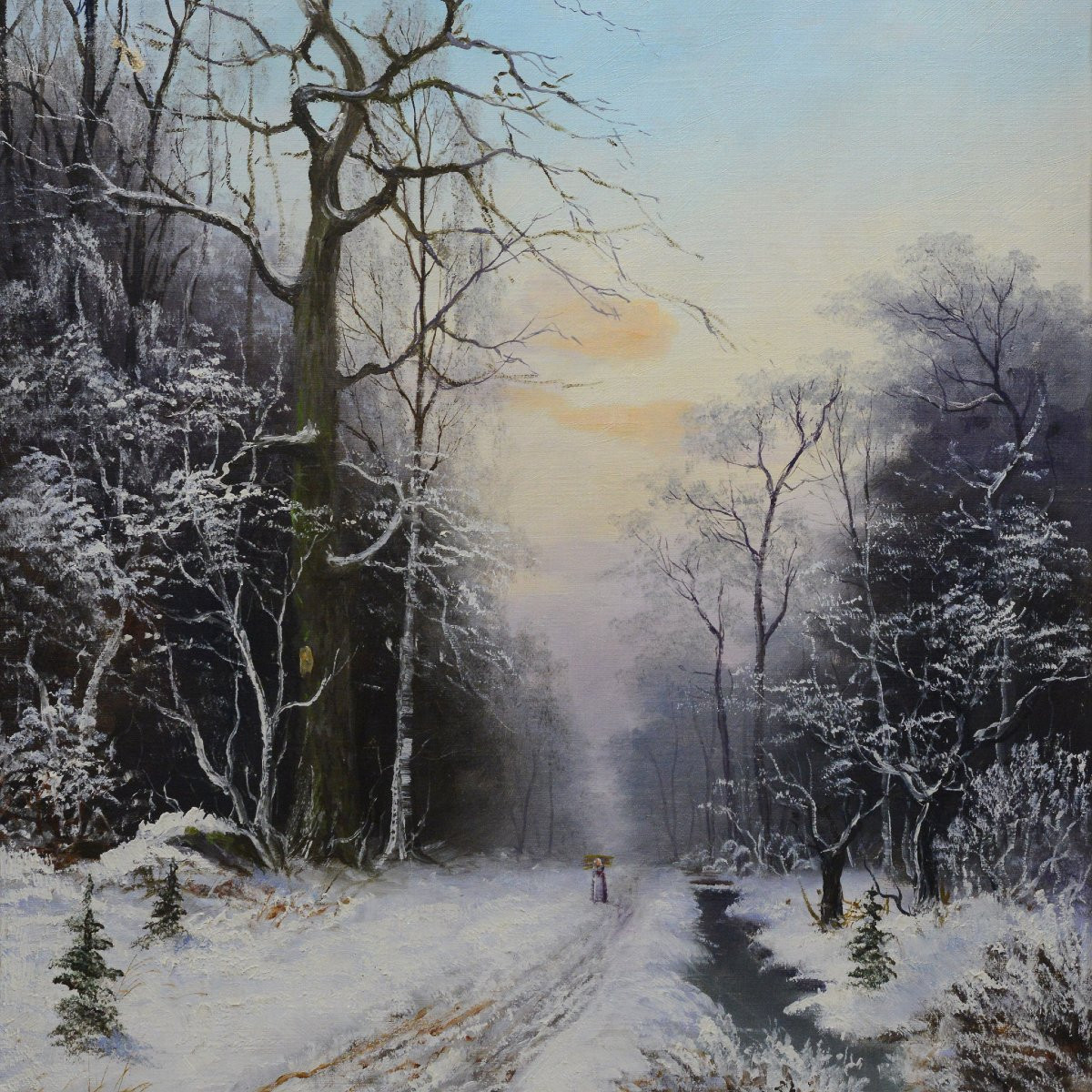 1897 Ancien Paysage Hivernal Europeen Route Forestiere Huile Toile Signe Encadre-photo-1