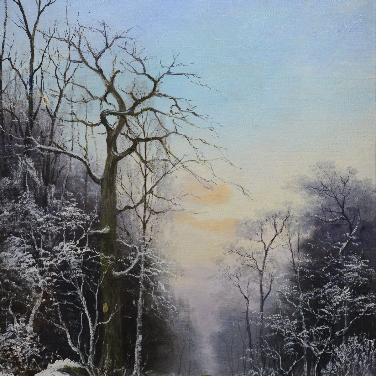 1897 Ancien Paysage Hivernal Europeen Route Forestiere Huile Toile Signe Encadre-photo-2