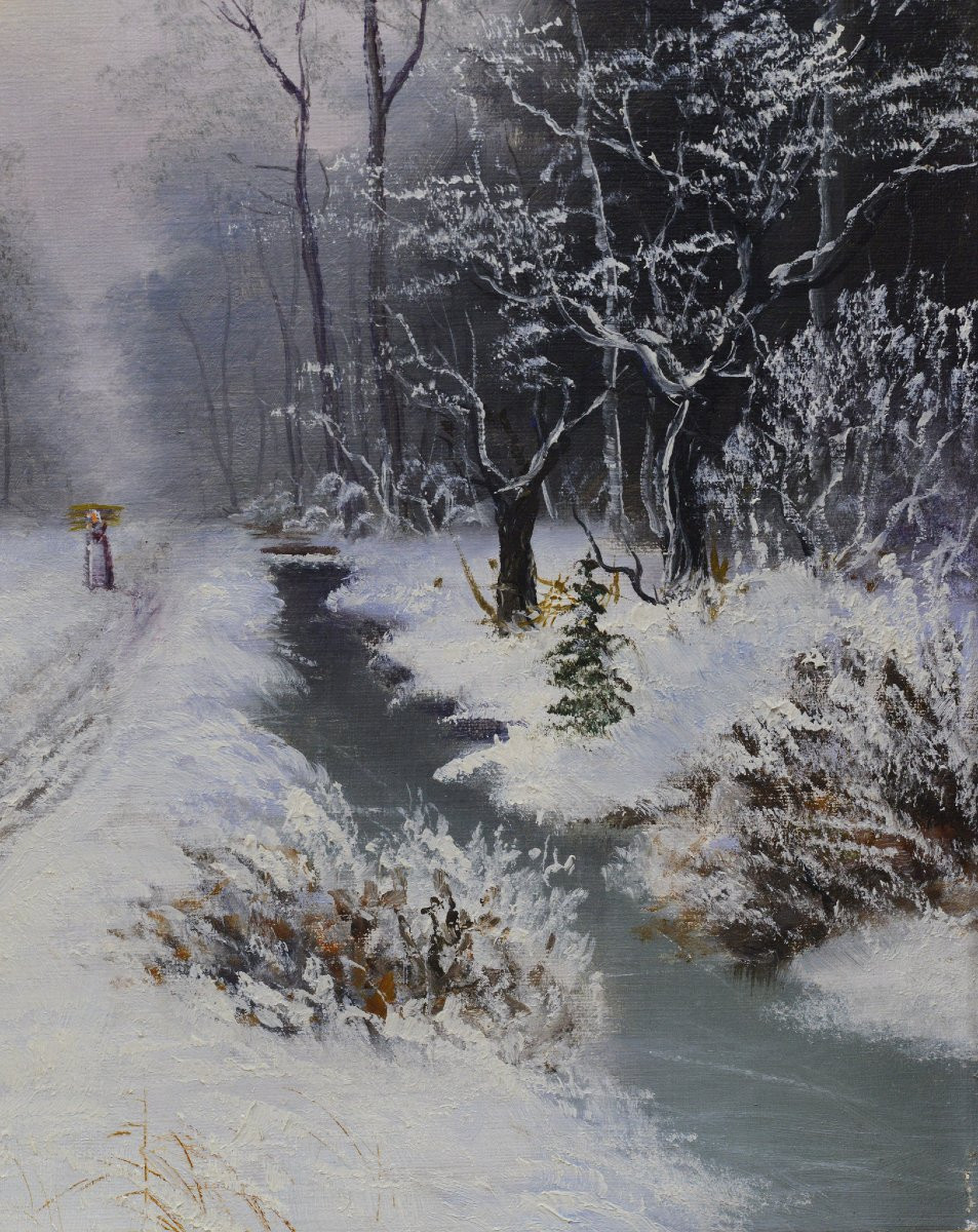 1897 Ancien Paysage Hivernal Europeen Route Forestiere Huile Toile Signe Encadre-photo-4