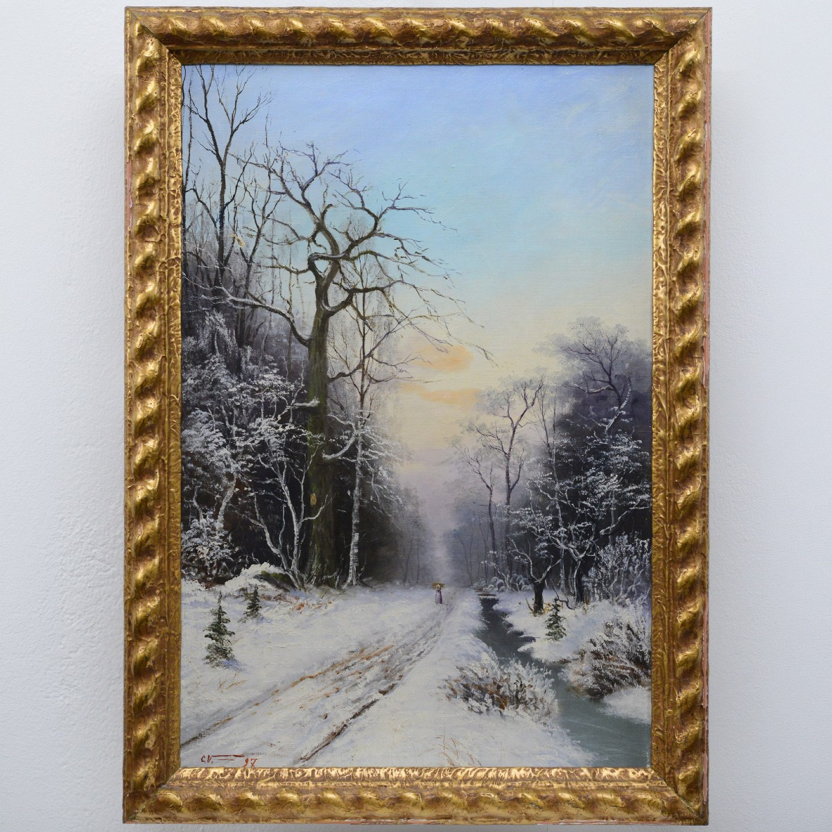 1897 Ancien Paysage Hivernal Europeen Route Forestiere Huile Toile Signe Encadre