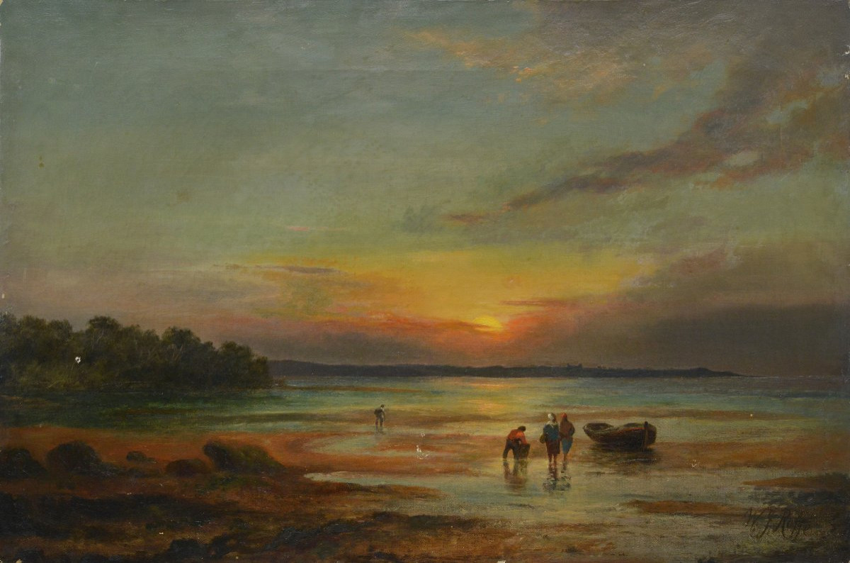 19th Century Romantic British Sunset Seascape Oyster Gatherers Oil Canvas Signed-photo-2