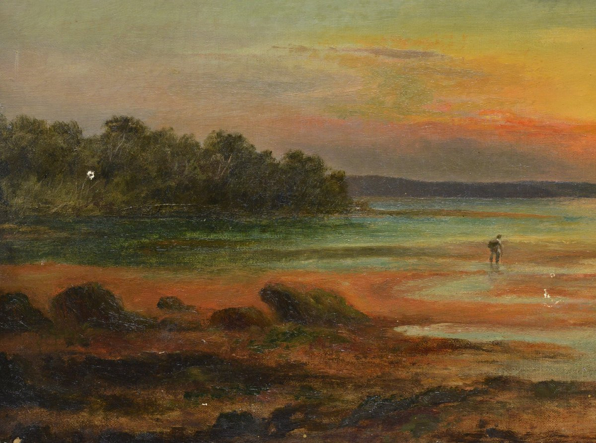 19th Century Romantic British Sunset Seascape Oyster Gatherers Oil Canvas Signed-photo-3