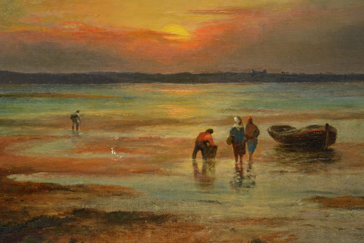 19th Century Romantic British Sunset Seascape Oyster Gatherers Oil Canvas Signed-photo-4