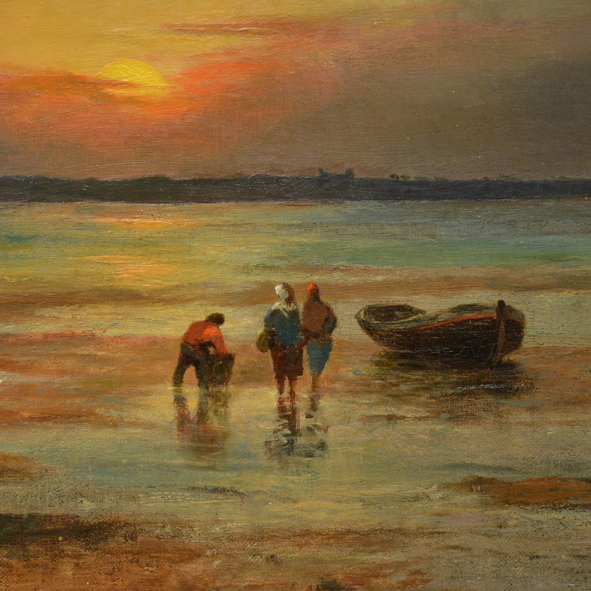 19th Century Romantic British Sunset Seascape Oyster Gatherers Oil Canvas Signed-photo-1