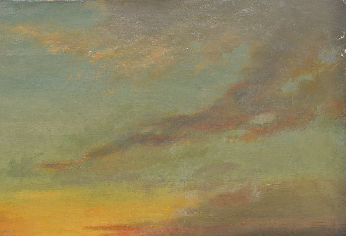 19th Century Romantic British Sunset Seascape Oyster Gatherers Oil Canvas Signed-photo-2