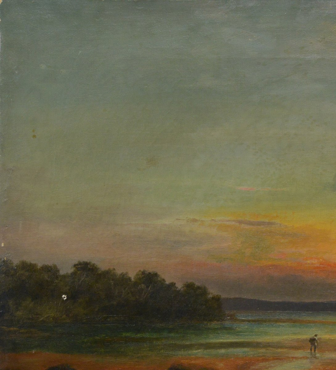 19th Century Romantic British Sunset Seascape Oyster Gatherers Oil Canvas Signed-photo-3