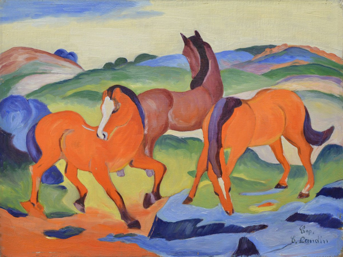 Milieu 20e Siecle D apres Franz Marc Expressionnisme Allemand Chevaux Rouges Huile Toile-photo-2