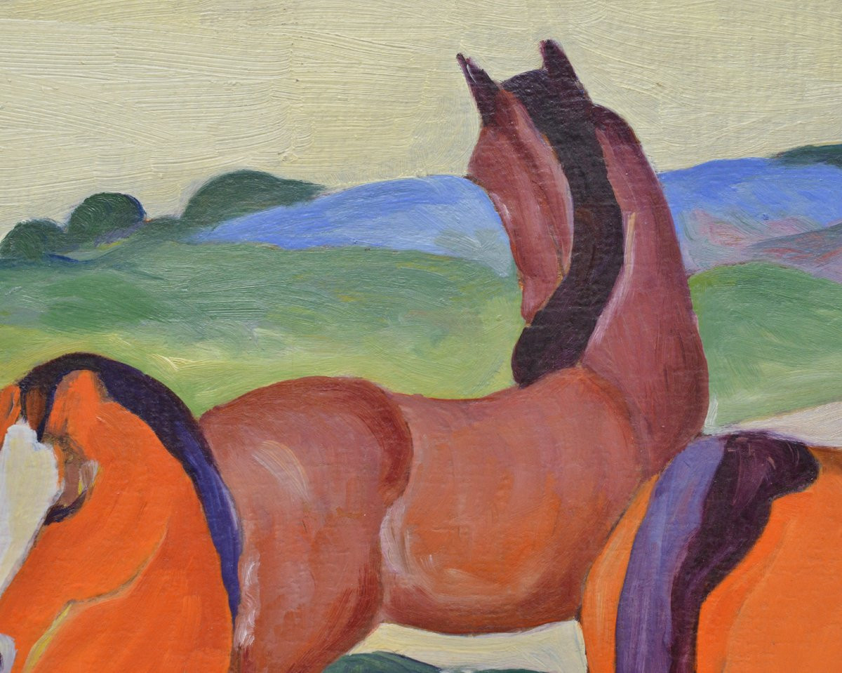 Milieu 20e Siecle D apres Franz Marc Expressionnisme Allemand Chevaux Rouges Huile Toile-photo-3