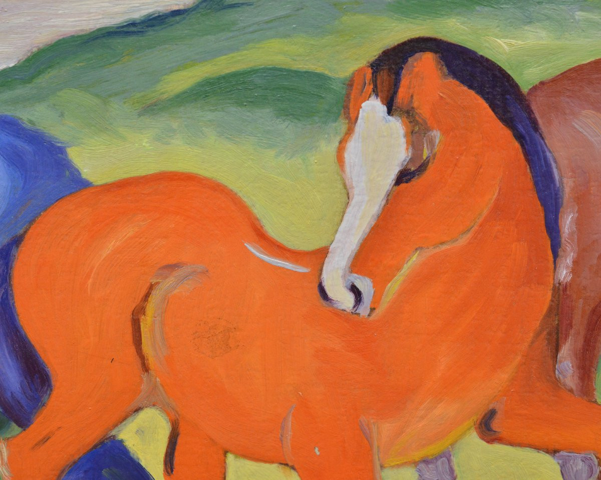Milieu 20e Siecle D apres Franz Marc Expressionnisme Allemand Chevaux Rouges Huile Toile-photo-1