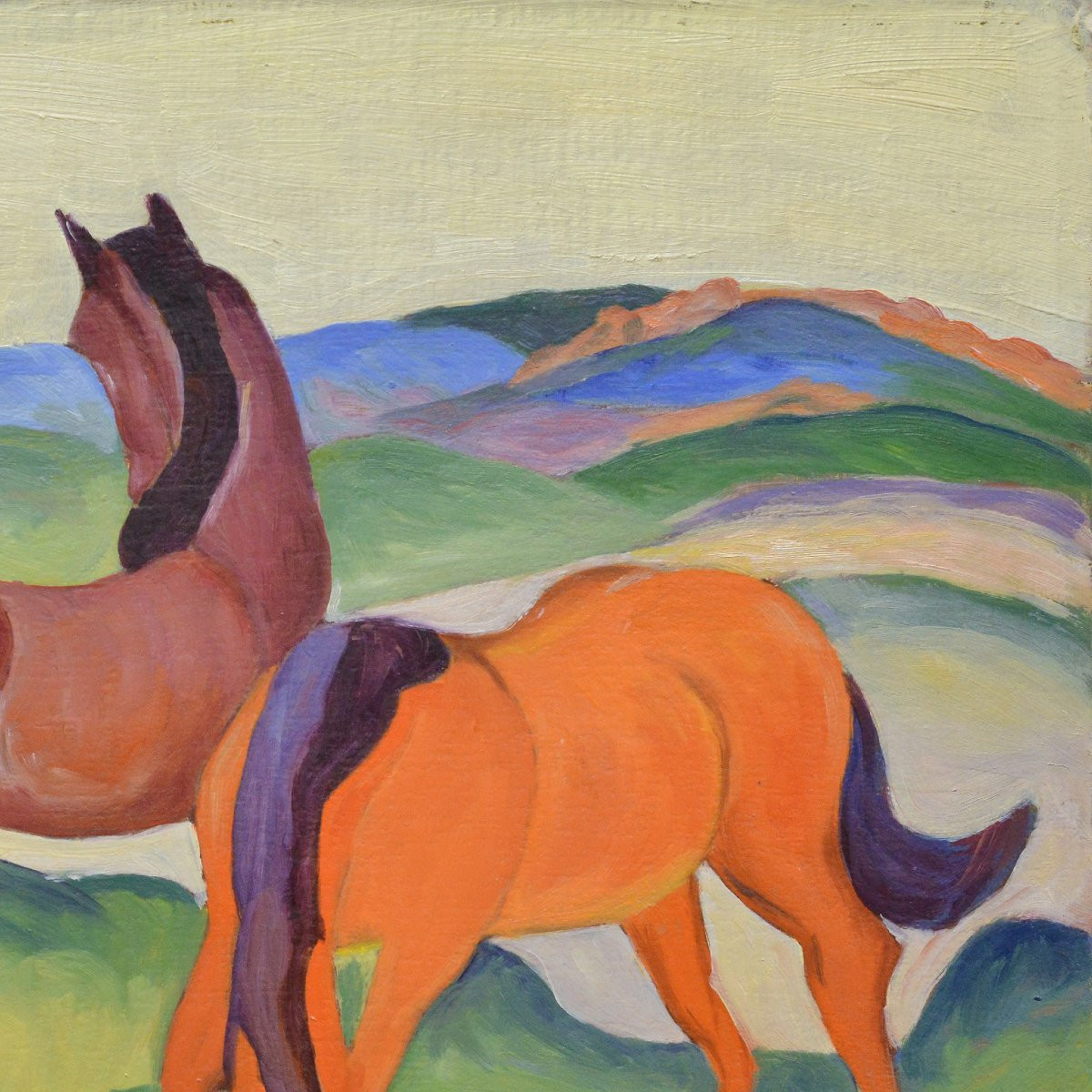 Milieu 20e Siecle D apres Franz Marc Expressionnisme Allemand Chevaux Rouges Huile Toile-photo-3