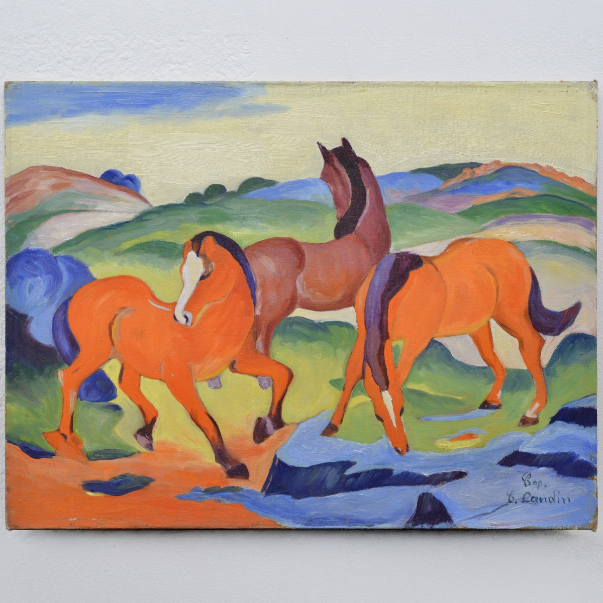 Milieu 20e Siecle D apres Franz Marc Expressionnisme Allemand Chevaux Rouges Huile Toile