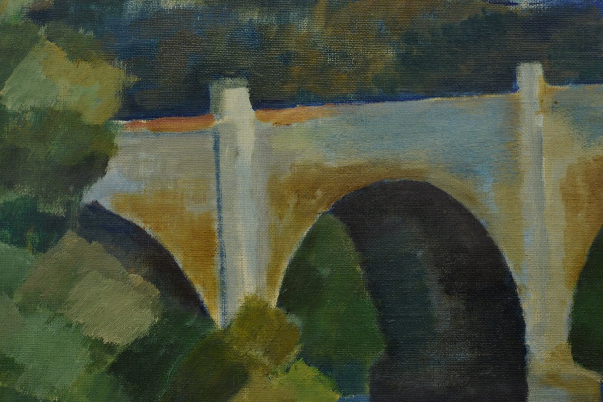 Mid 20th Century Swedish Modernism River Landscape Arch Bridge Oil Canvas Signed-photo-4