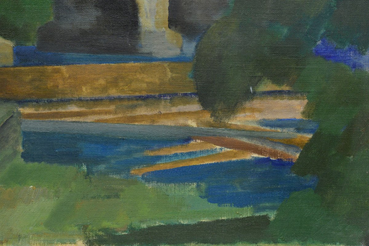 Mid 20th Century Swedish Modernism River Landscape Arch Bridge Oil Canvas Signed-photo-2