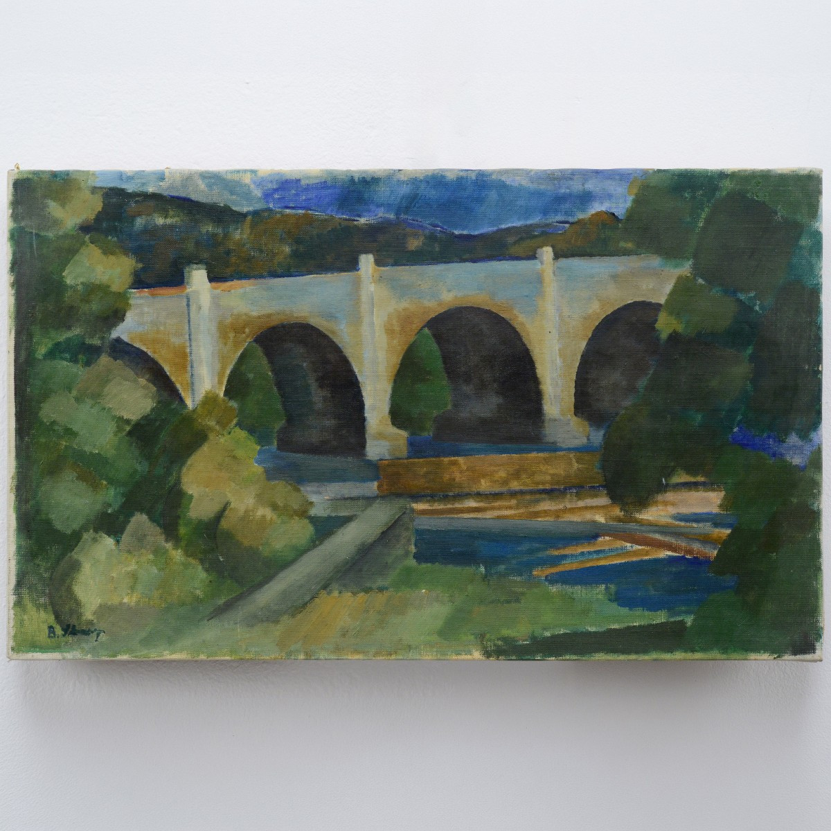 Mid 20th Century Swedish Modernism River Landscape Arch Bridge Oil Canvas Signed
