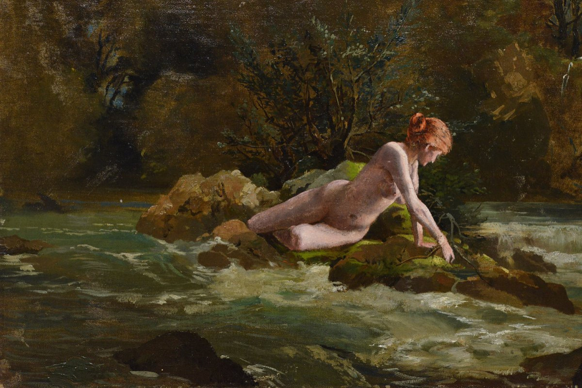 Fin 19e Siecle Romantisme Academique Europeen Baigneuse Nue Huile Toile Signee-photo-2