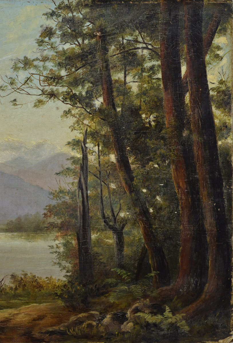 Paysage Lac Diamond Nouvelle Zelande Romantique Britannique Fin 19e Huile Toile-photo-4