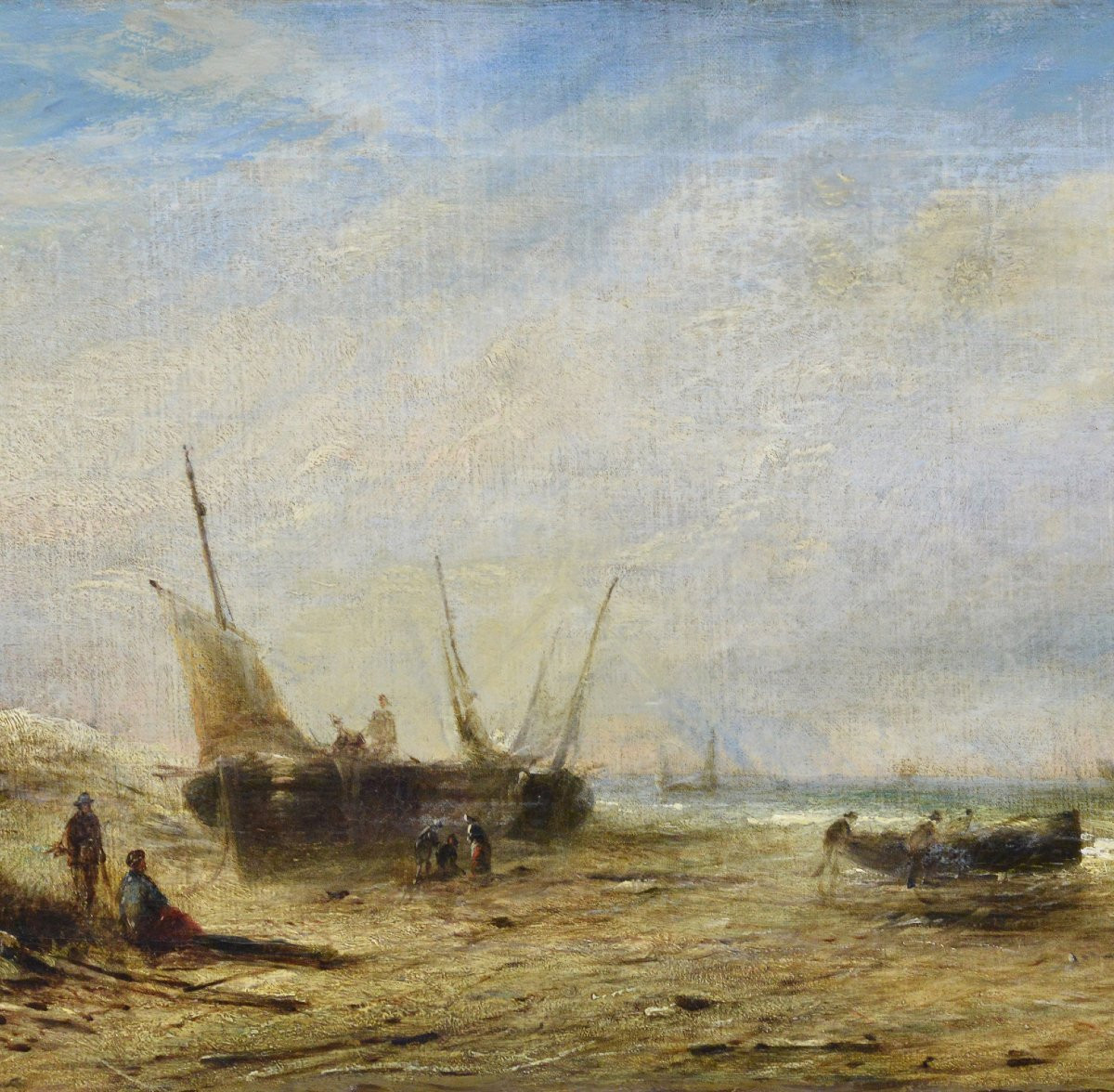 Milieu 19e Siecle Romantique Britannique Scene Cotiere Pecheurs Huile Sur Toile Signee-photo-3
