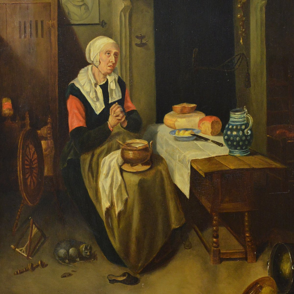 19e Siecle d apres van Brekelenkam Scene de Genre Hollandaise La Priere Huile Panneau-photo-2