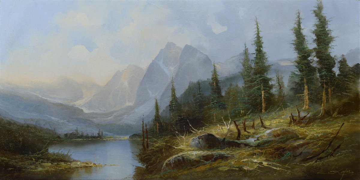 Large Mid 20th Century Austrian Panoramic Alpine Landscape Oil Painting J Kugler-photo-2