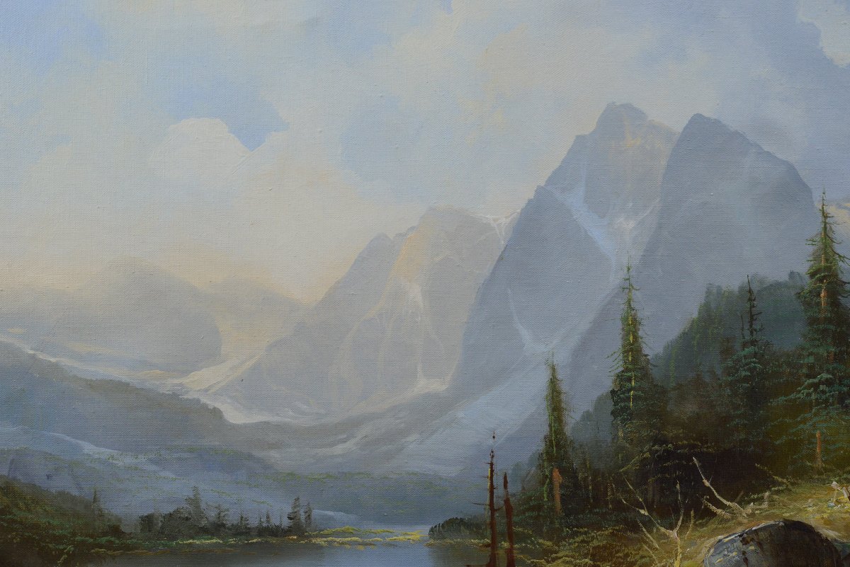 Large Mid 20th Century Austrian Panoramic Alpine Landscape Oil Painting J Kugler-photo-1