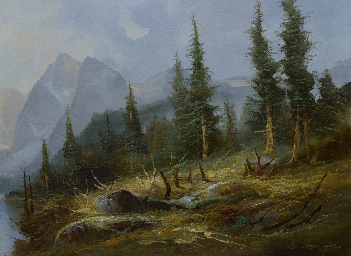 Large Mid 20th Century Austrian Panoramic Alpine Landscape Oil Painting J Kugler-photo-2